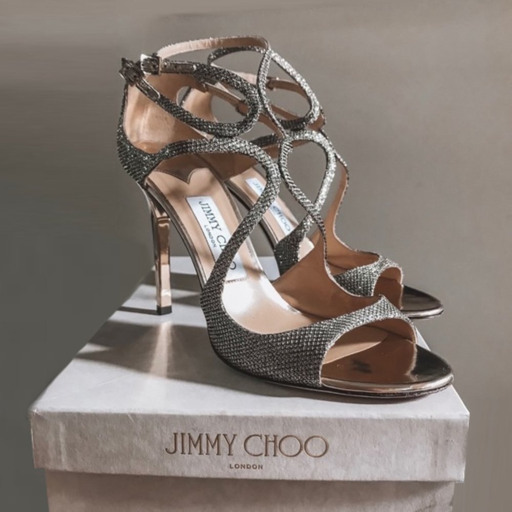 Jimmy Choo Women's 38 Metallic Lang Textured-lamé Sandals Heels in light bronze